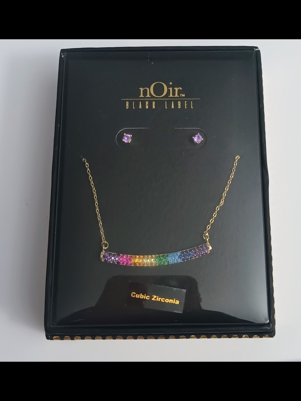 Gold Rainbow Bar Necklace with Purple Stud Earrings